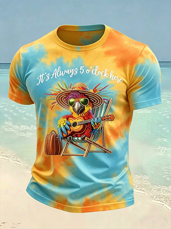 Men's It's Always 5 O'Clock Here Vacation-Style Parrot Print Casual T-Shirt