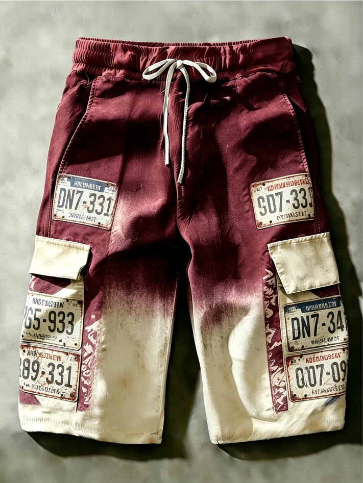 Men's Vintage Car Tag Gradient Print Drawstring Cargo Shorts