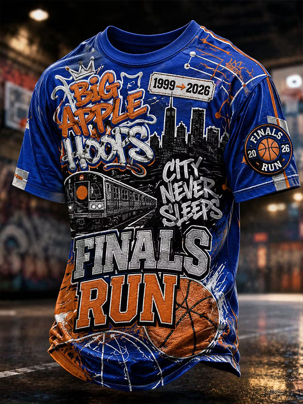 Men's Big Apple Hoops New York City Basketball Print T-Shirt