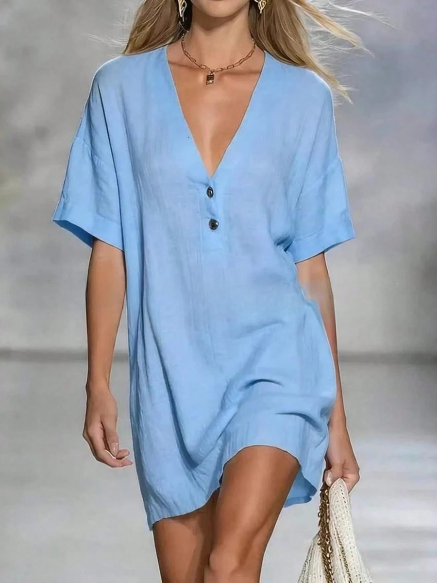 Women'S Dress Casual Loose Fit Short Sleeve Button Front Dress