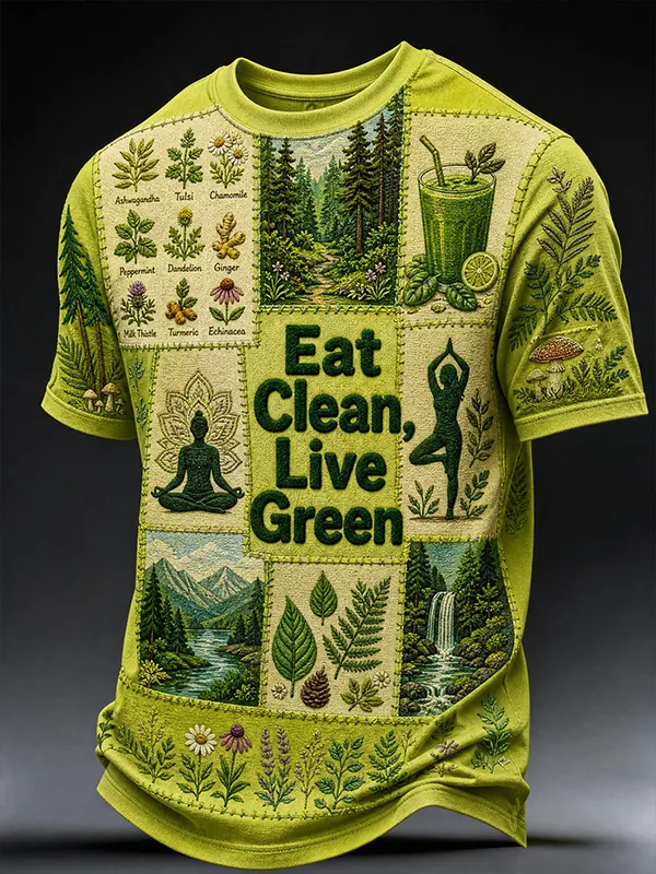 Men's Nature Herb Yoga Patch Eat Clean Live Art Print T-Shirt