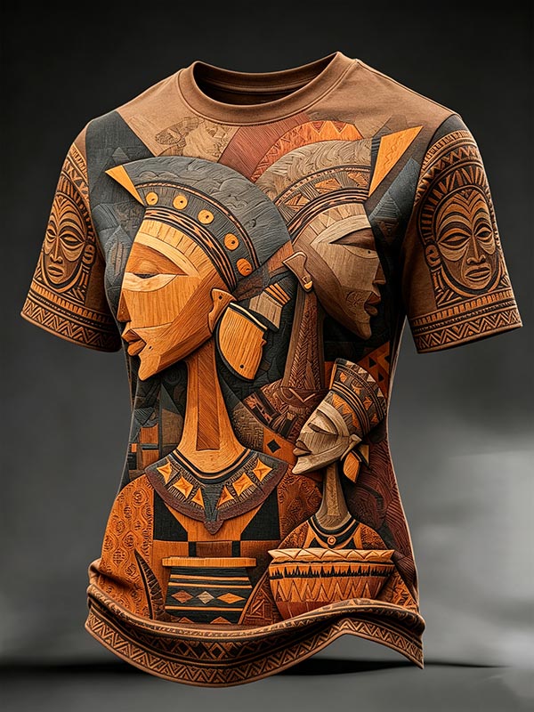 Women's African Tribal Wooden Relief Face Art Print Casual T-Shirt