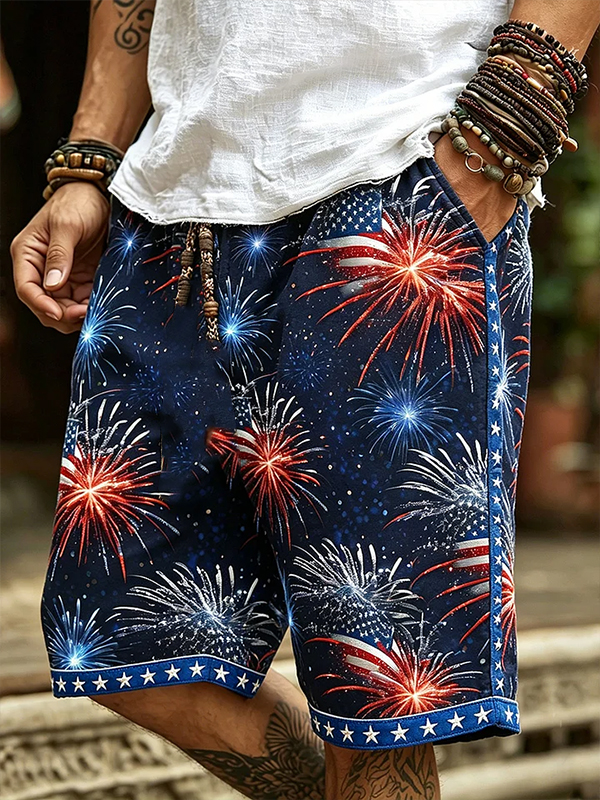 Men's Firework And American Flag Print Casual Shorts