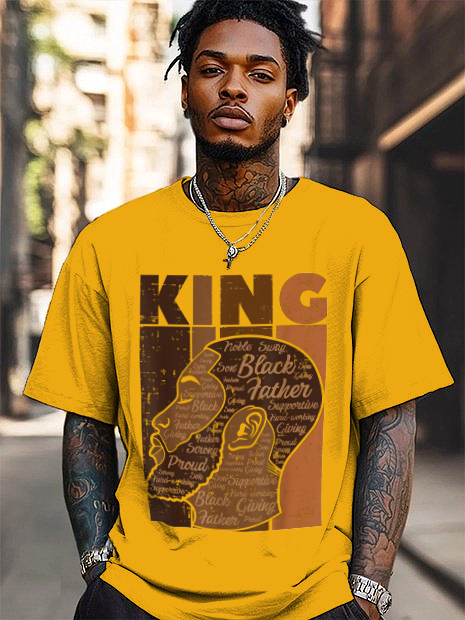 Men's Black King Illustration Print Cotton Casual T-Shirt