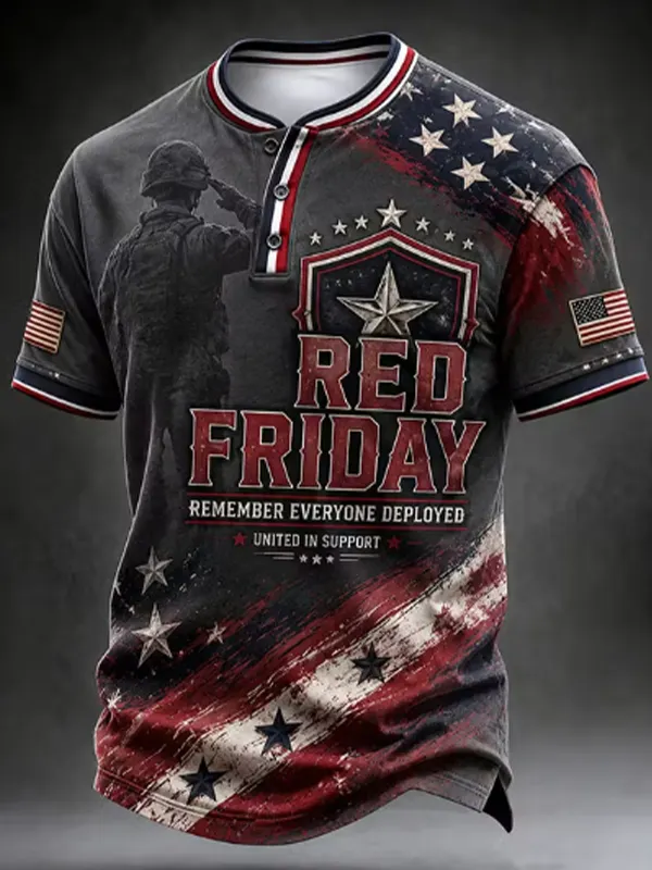 Men's Red Friday Remember Everyone Deployed Soldier Stars and Stripes Print Henley T-Shirt