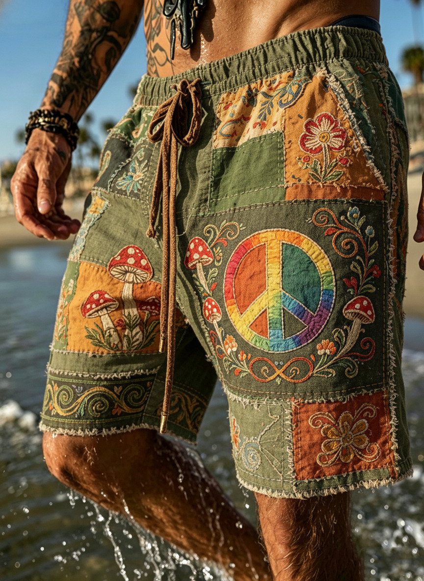 Men's Mushroom Geometric Patchwork Hippie Art Print Casual Shorts