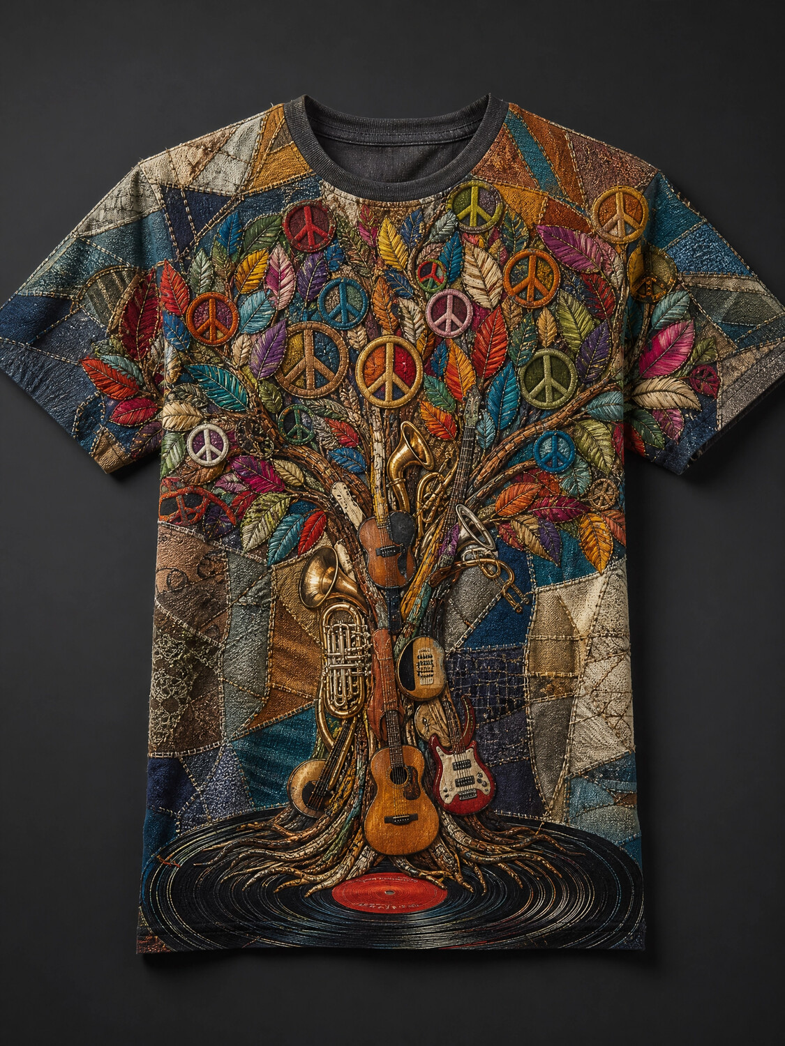 Men's Patchwork Peace Sign Musical Instrument Tree Retro Print T-Shirt
