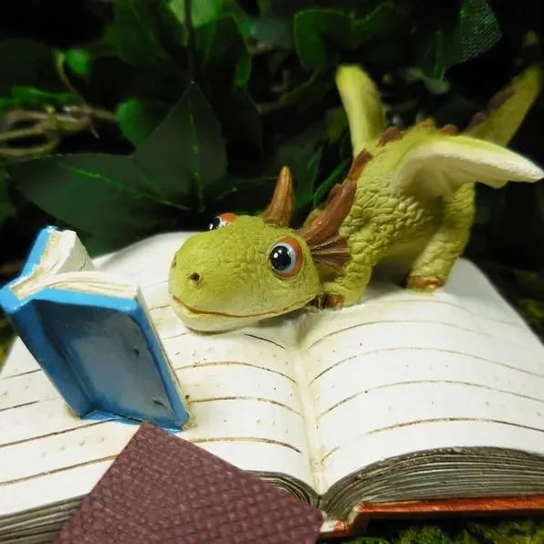 Miniature Green Dragon Reading on Giant Book Figurine