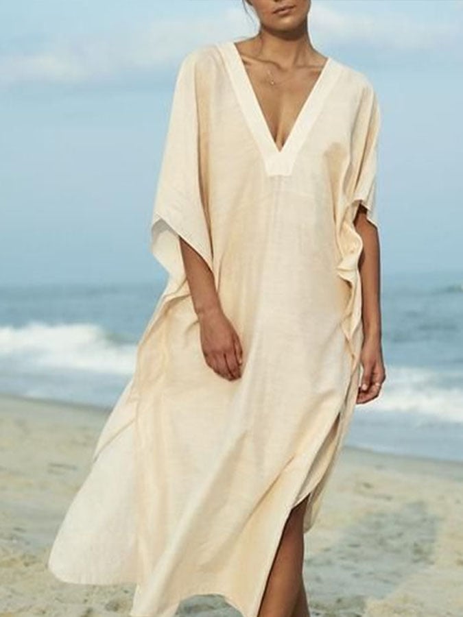 Women'S Casual Solid Color V-Neck Three-Quarter Sleeve Loose Dress