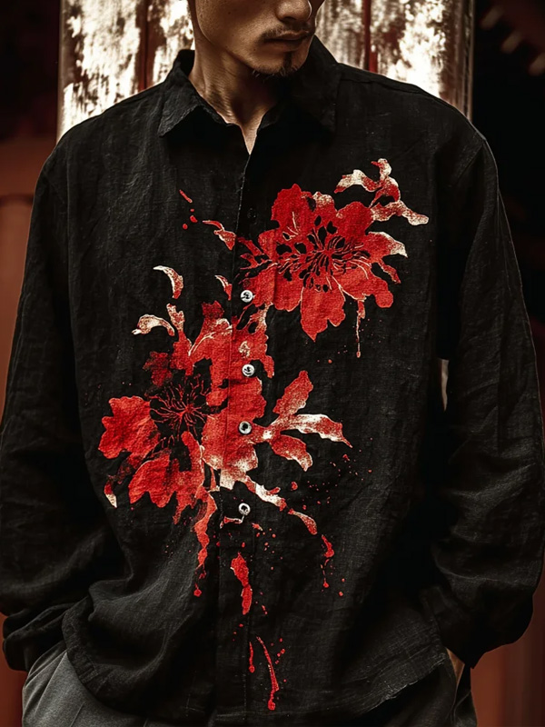 Men's Red Ink Flower Art Print Long Sleeve Shirt
