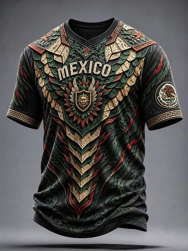 Men's 3D Embossed Mexico Aztec Eagle Shield Feather Art Print V Neck T-Shirt