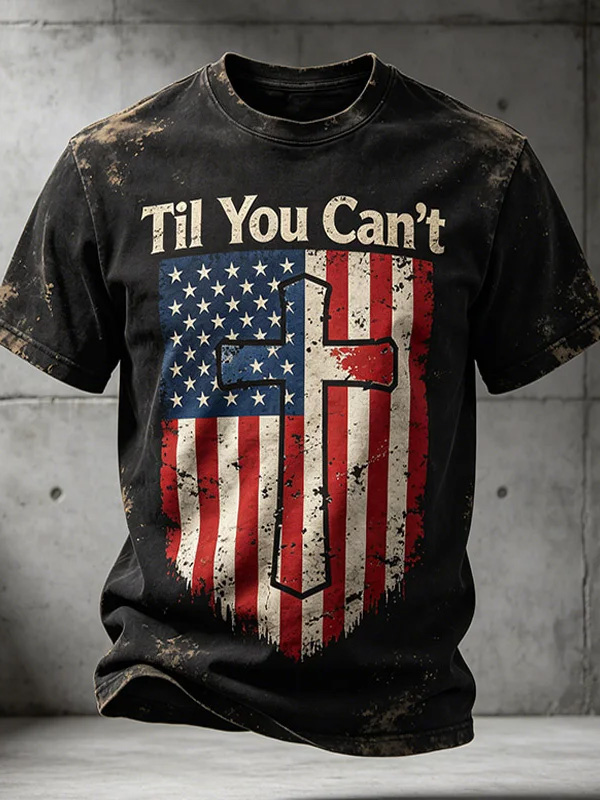 Men's Til You Can'T American Flag With Cross Art Print Casual T-Shirt
