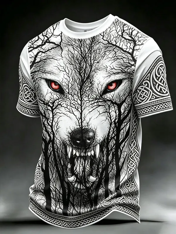 Men's Tree Branch Red Eye Wolf Celtic Knot Art Print T-Shirt