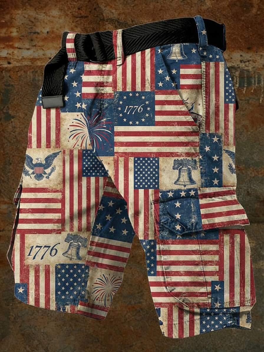 Men's Independence Day Eagle USA Flag Print Denim-Like Cargo Shorts