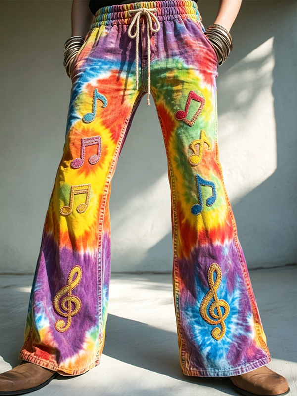 Women's Rainbow Tie-Dye Music Note Art Print Casual Pants