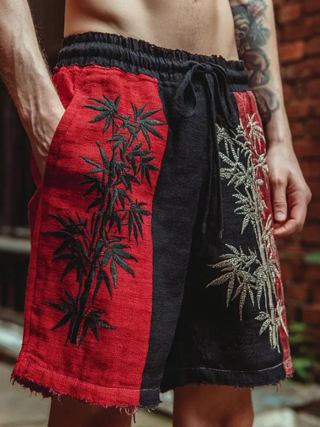 Men's Red And Black Bamboo Colorblock Print Casual Shorts