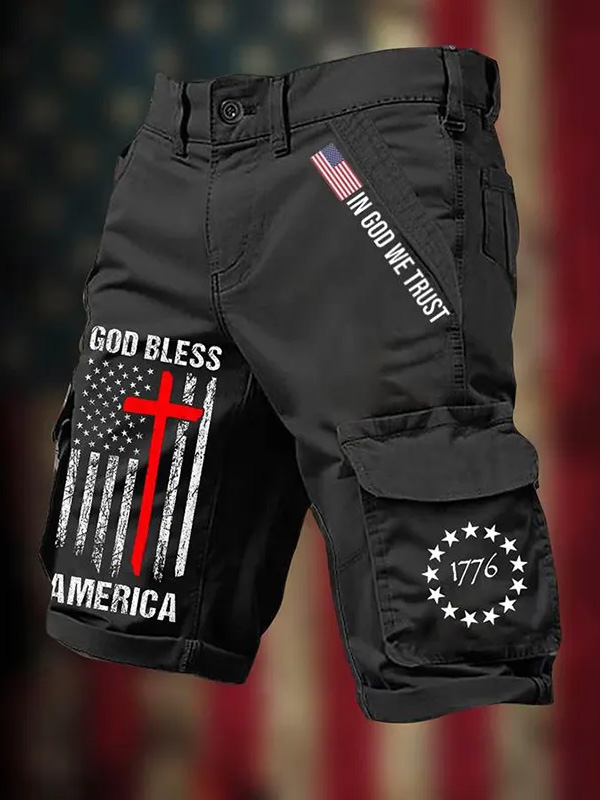Men's In God We Trust God Bless America Print Denim-Like Cargo Shorts