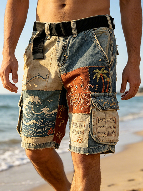 Men's Tropical Patchwork Music Note And Octopus Art Print Casual Shorts