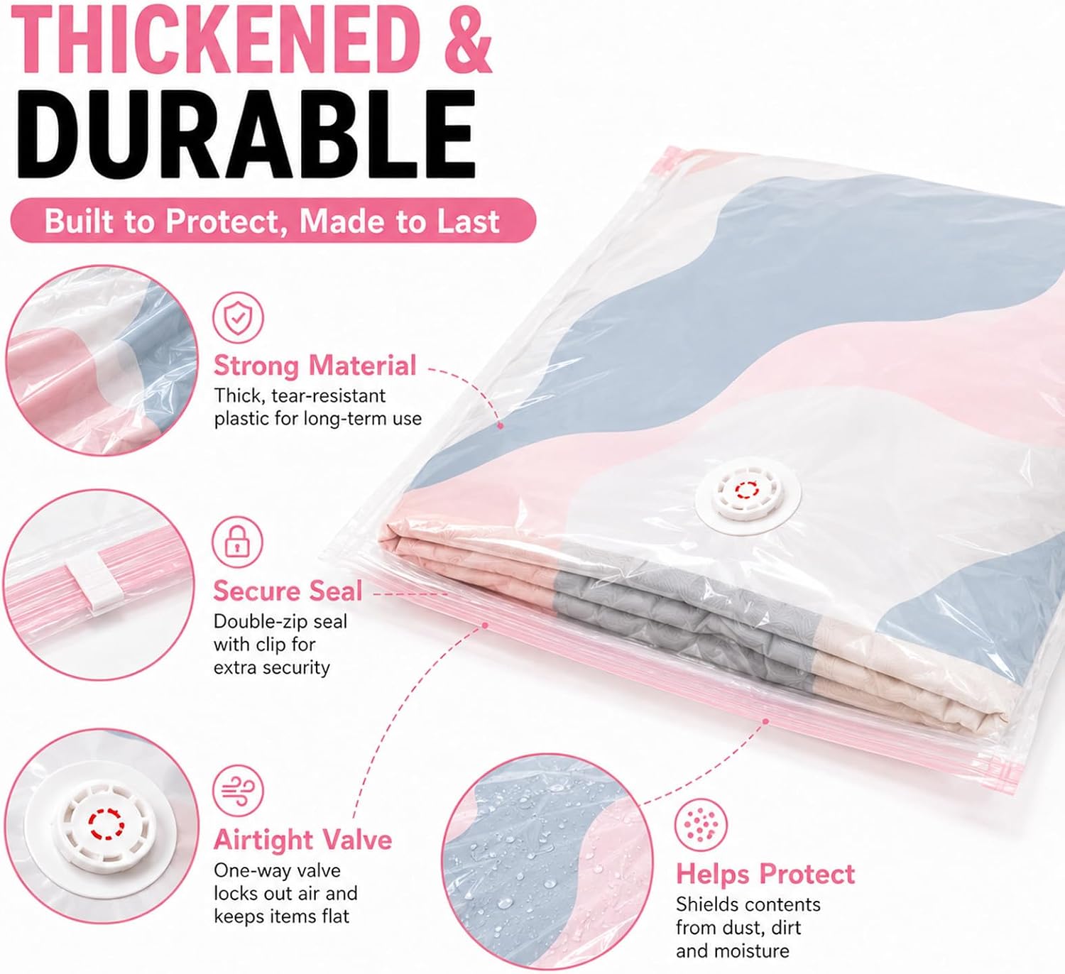 Thick durable compression storage bag with double zip seal and one-way air valve