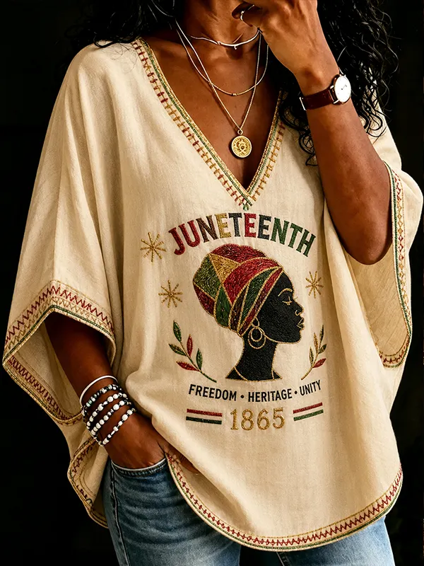 Women's Juneteenth 1865 Portrait Of A Free Black Woman Print V Neck Long Sleeve T-Shirt