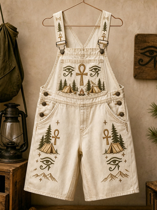 Men's Egyptian Symbol Camping Eye Of Horus And Ankh Print Shorts Overalls