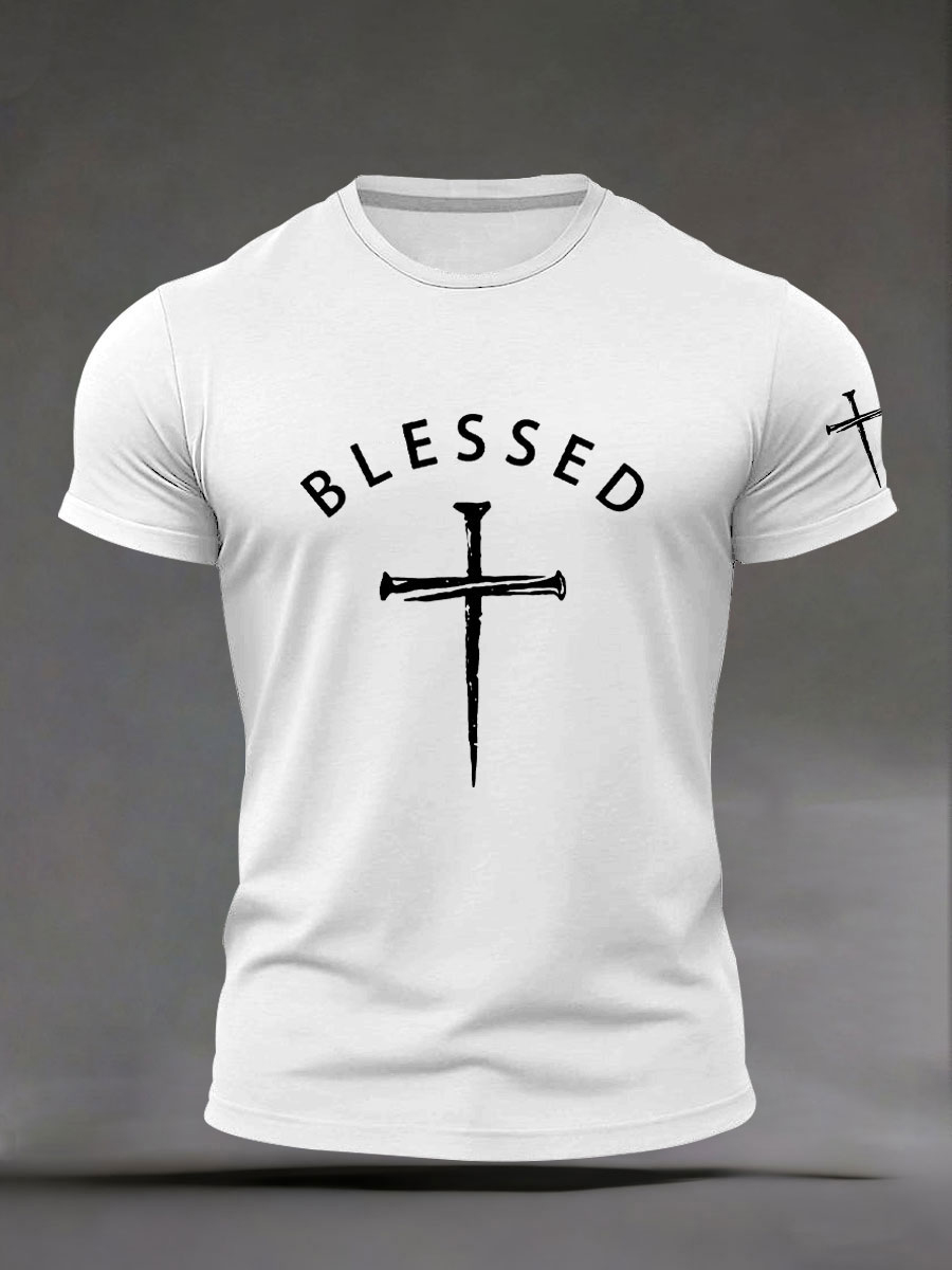 Men's Blessed Cross Art Print Cotton Casual T-Shirt