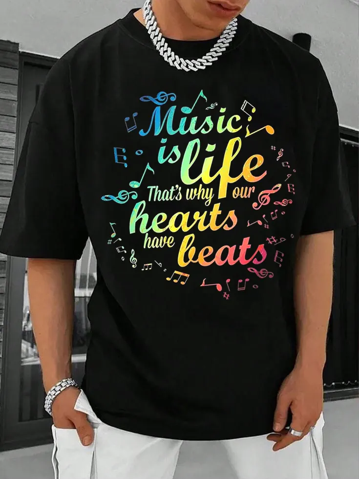 Men's Music Is Life Art Print Cotton Casual T-Shirt
