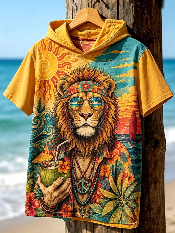 Men's Hippie Lion Resort Art Print Casual Hooded T-Shirt