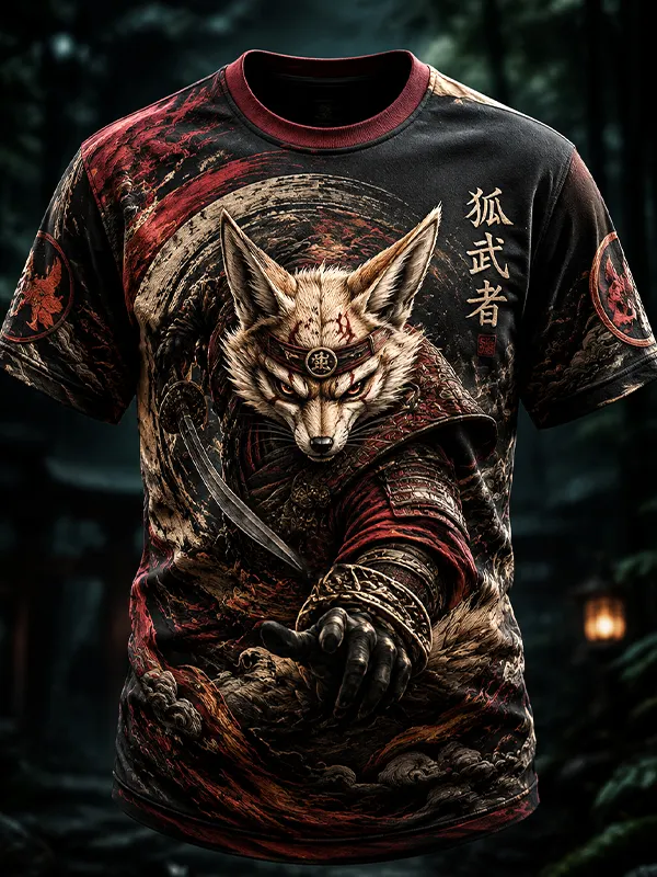 Men's Fox Samurai Japanese Art Print Casual T-Shirt