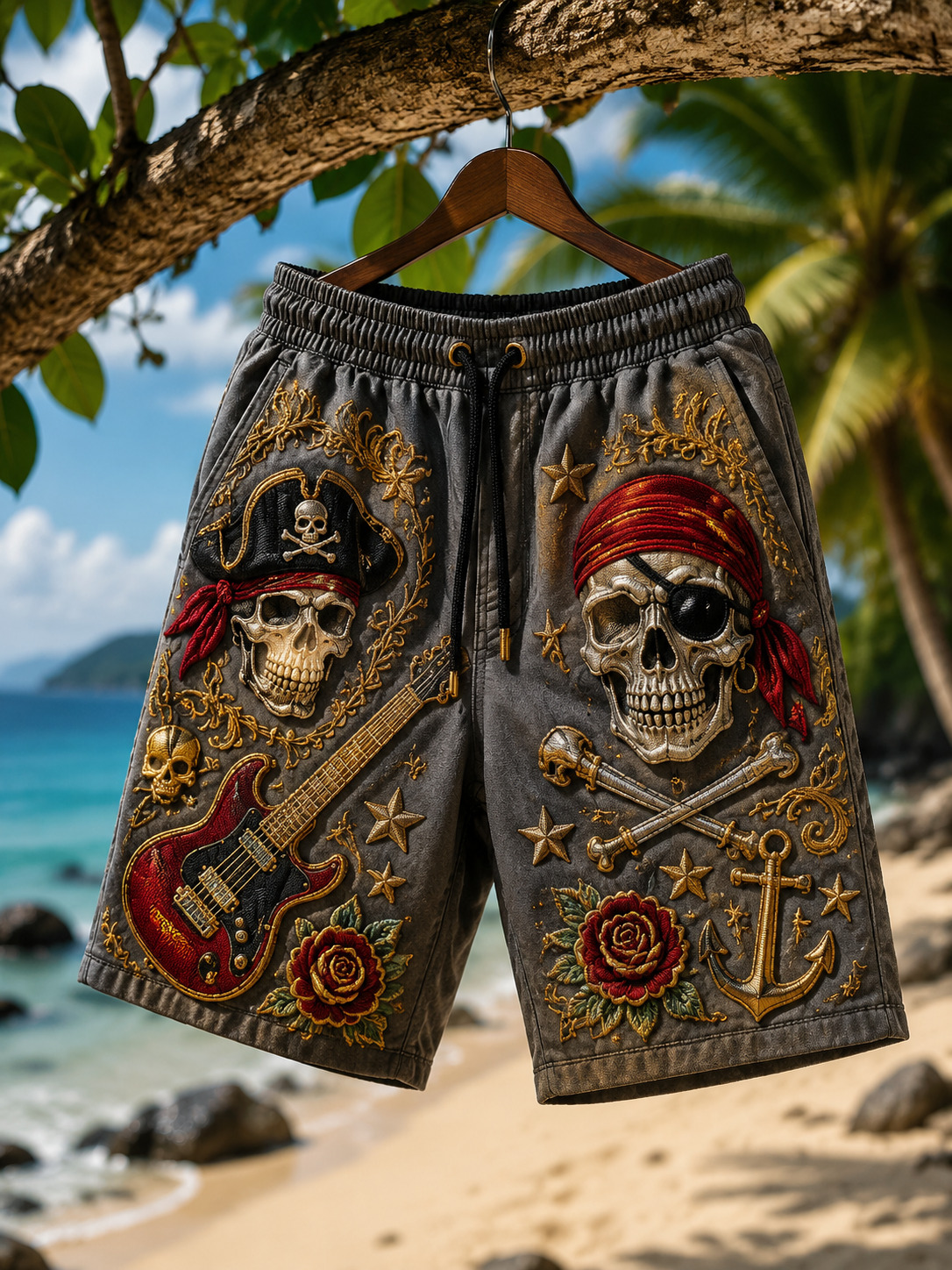 Men's Pirate Skull Guitar Rose Anchor Print Casual Shorts
