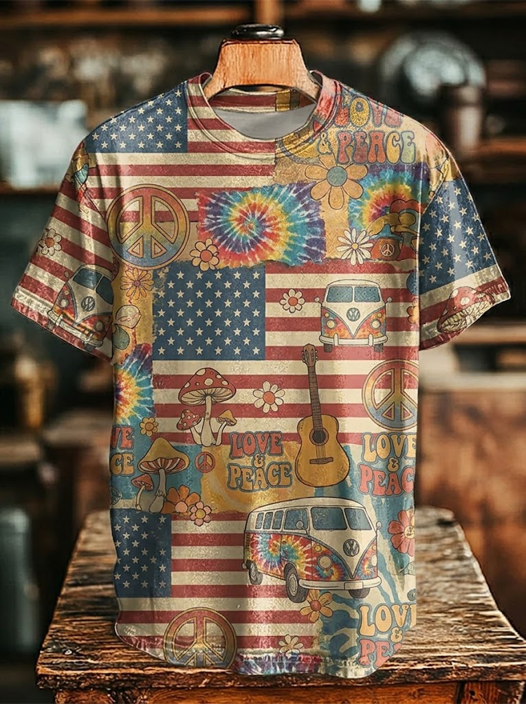 Men's Hippie Art Tie-Dye Mushroom Striped Love and Peace Print Casual T-Shirt