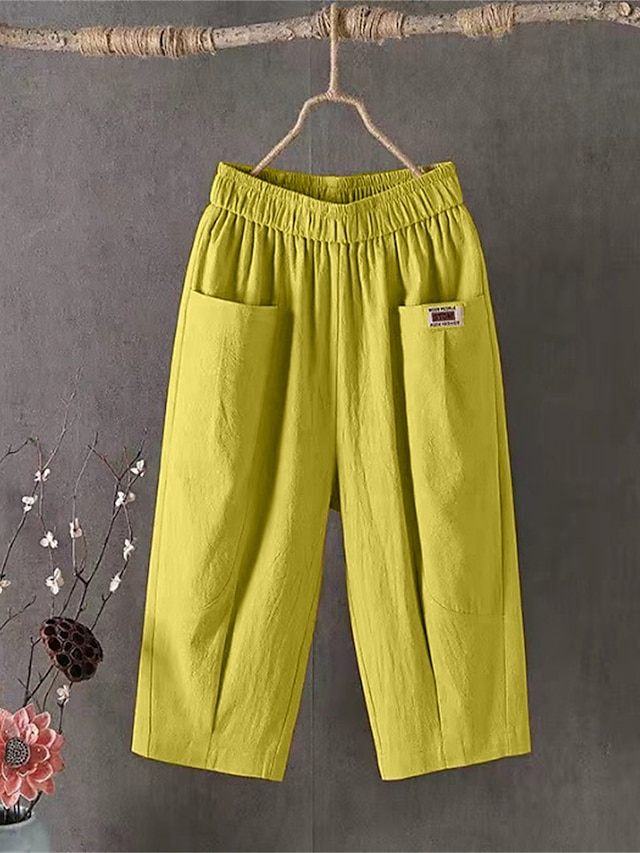 Women's Shorts Slacks Cotton Pocket High Waist Calf-Length Black Summer
