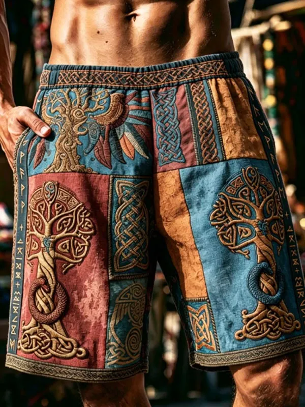 Men's Celtic Tree Of Life Patchwork Print Casual Shorts