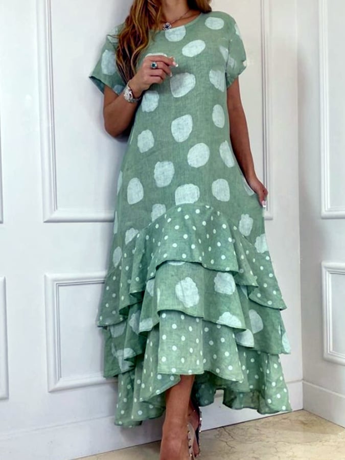 Women's Cotton Linen Polka Dot Print Panel Dress