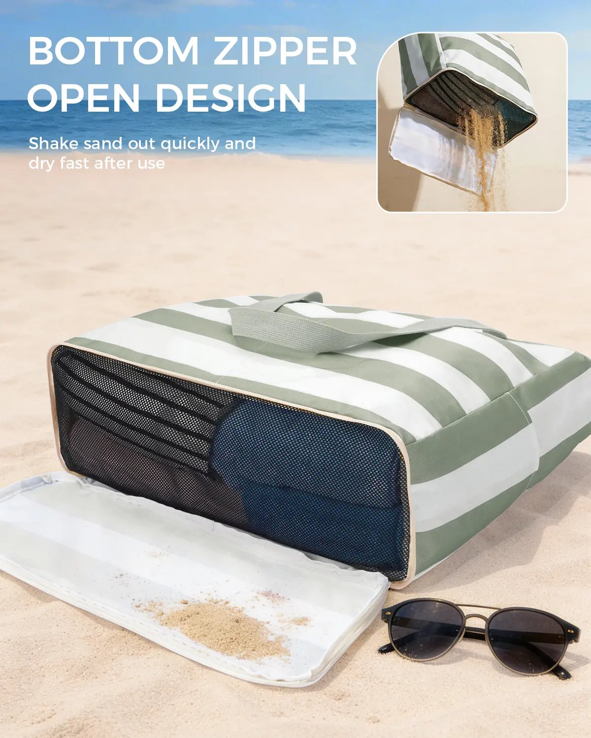 Large Mesh Beach Bag with 40oz Tumbler Pocket and Zipper Closure