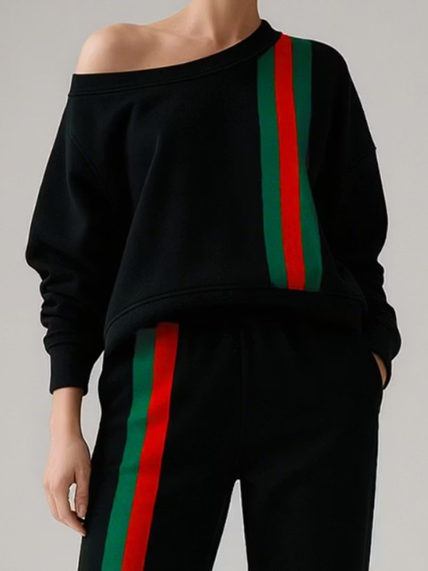 Women's Contrasting Stripe Print Sweatshirt Sweatpants Matching Set