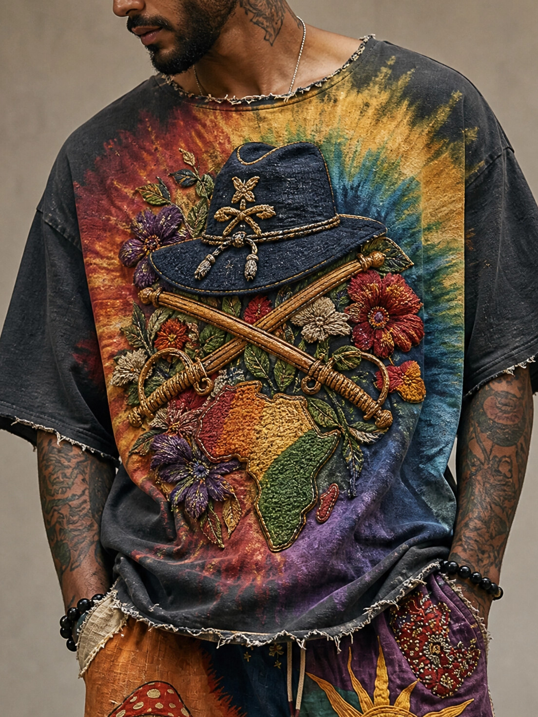Men's Vintage Tie Dye African Map Cowboy Hat Floral Print T-Shirt