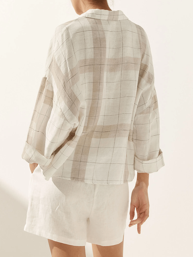 Women's Plaid V-Neck Pocket Patchwork Loose Casual Long-Sleeved Top