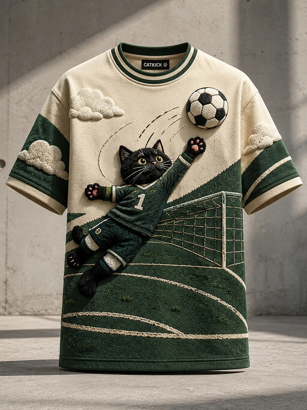 Men's Black Cat Goalkeeper Soccer Field Cloud Art Print T-Shirt