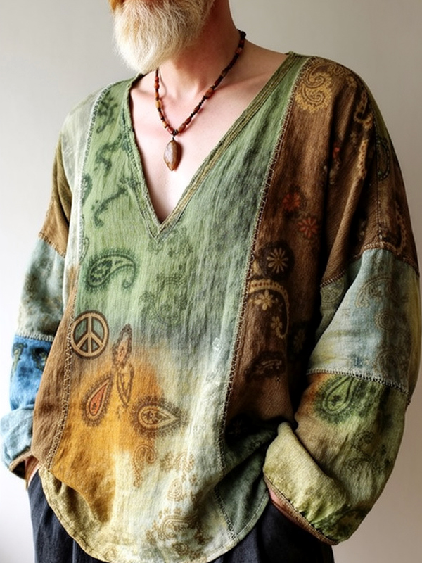 Men's Paisley Hippie Tie-Dye Art Print V Neck Long Sleeve T-Shirt