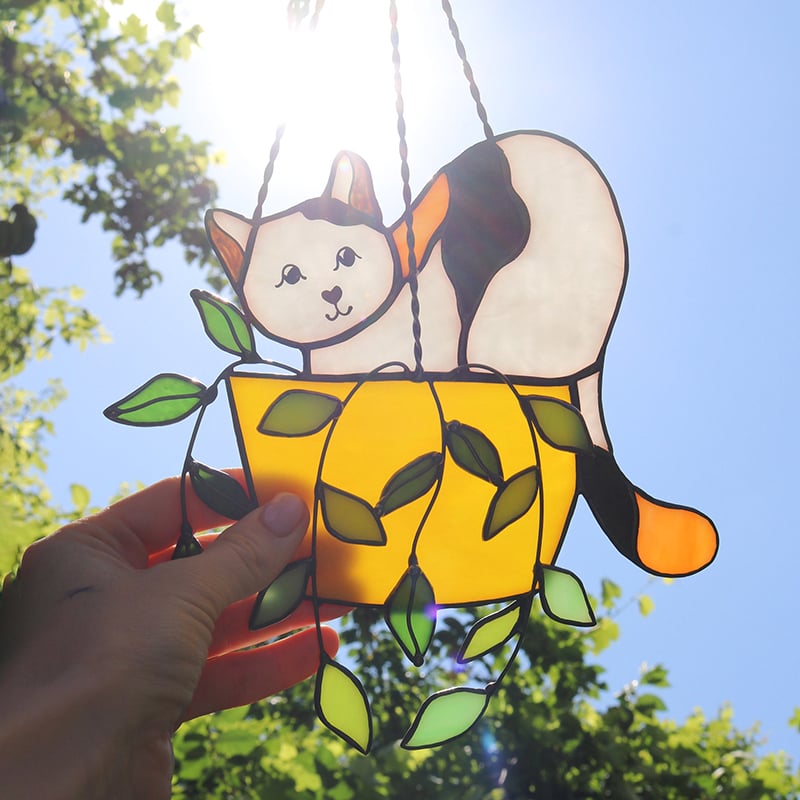 🔥LAST DAY 49% OFF-Cat in a flowerpot Suncatcher Stained Glass Window Hangins😽