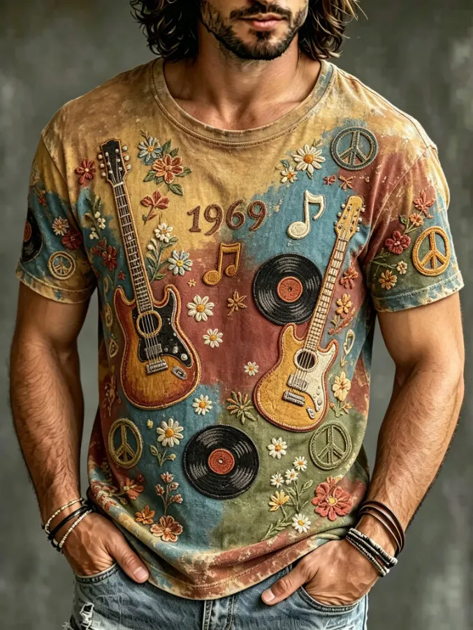 Men's 1969 Retro Guitar Vinyl Peace Flower Print T-Shirt