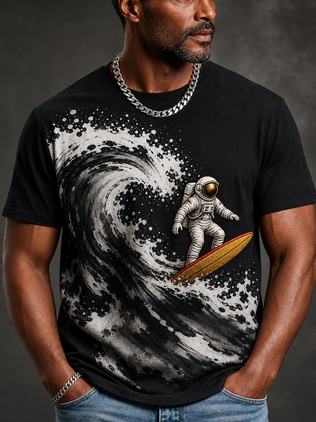 Men's Fun Astronaut Space Surfing Print T-Shirt