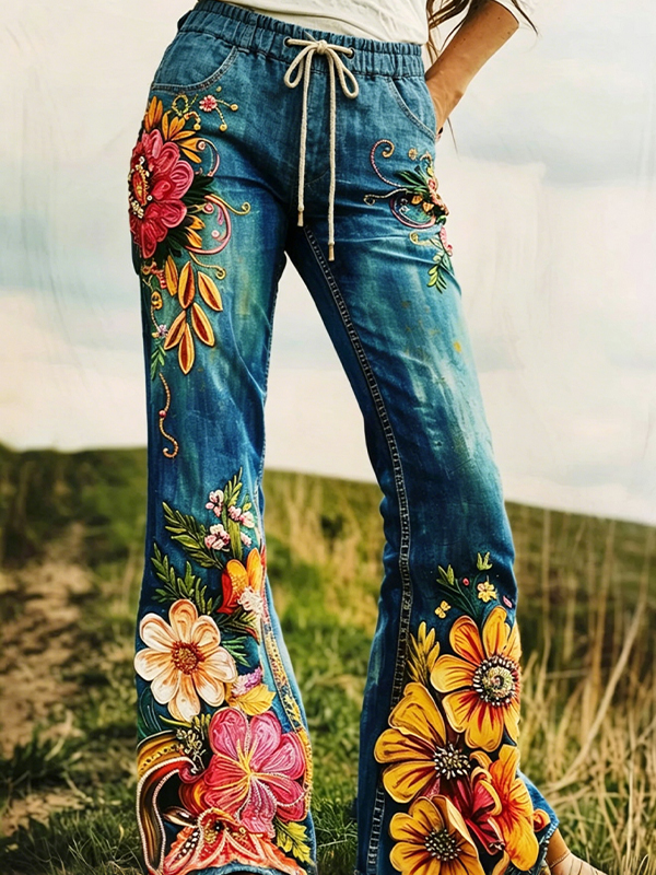 Women's Boho Flower And Plant Oil Painting Print Casual Wide Leg Pants