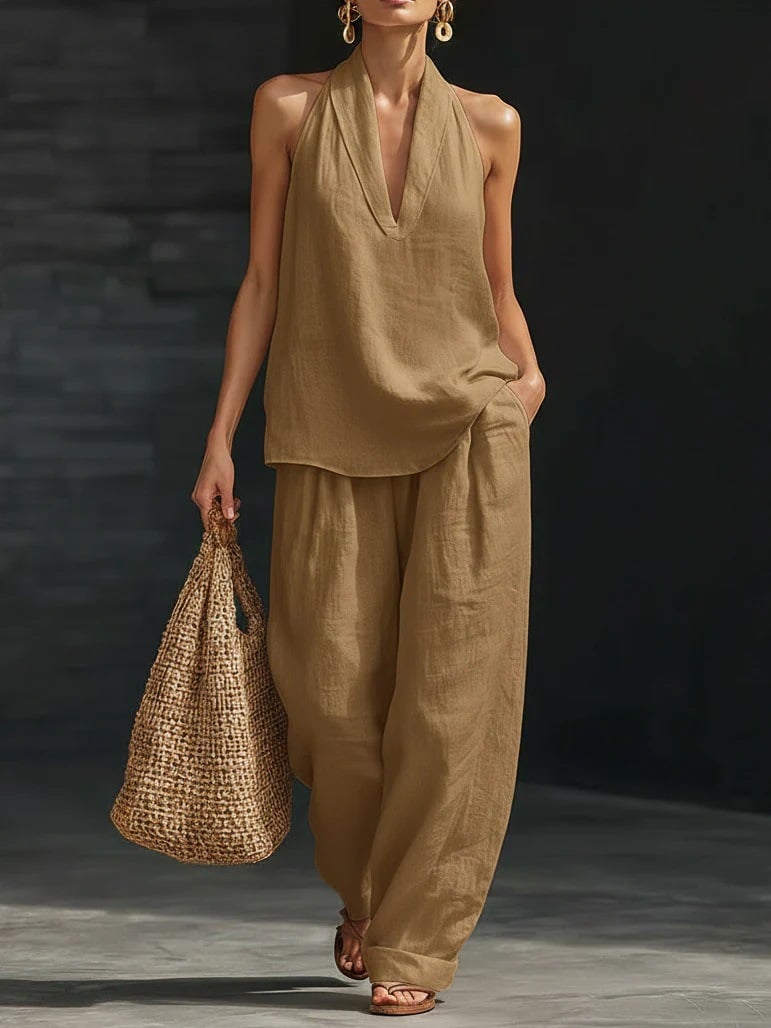 Women's Casual Halter Top & Wide-Leg Pants Set– Halter Top & Wide Leg Pants for Beach & Brunch