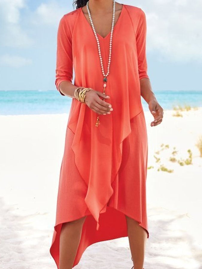 Women'S Casual Solid Color V-Neck Long Sleeve Splicing Dress