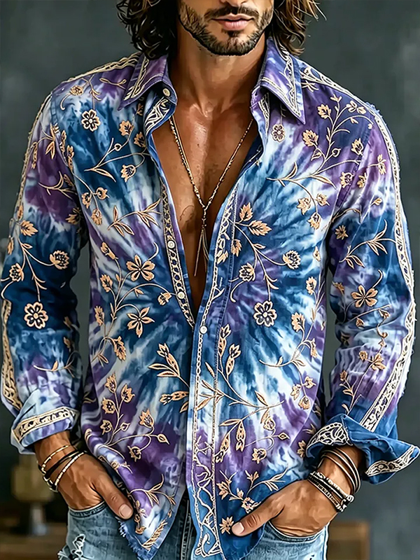 Men's Tie-Dye Floral Art Print Long Sleeve Shirt