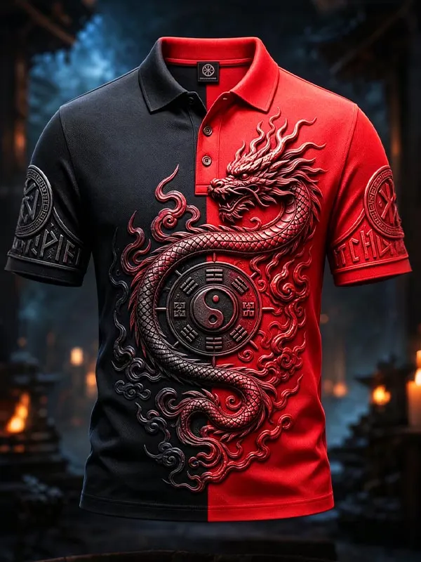 Men's Red And Black 3D Dragon Yin-Yang Printed Short Sleeve Polo Shirt