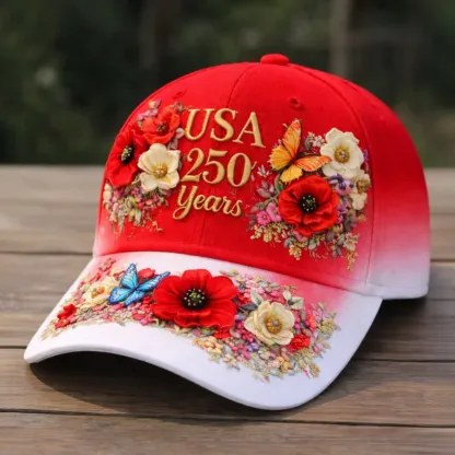 Patriotic USA 250 Anniversary Cap | Embroidered Flower & Flag Design