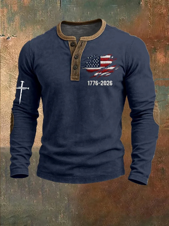 Men's Independence Day Flag Art Print Half Button Long Sleeve Shirt